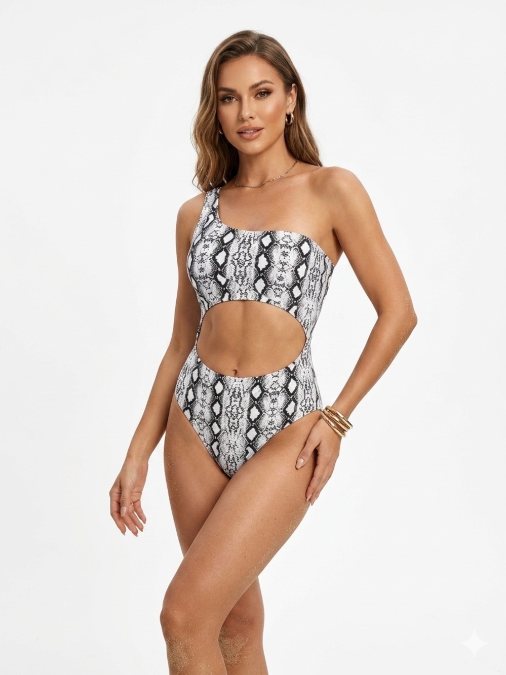 Snakeskin One Shoulder Cutout Swimsuit Size L